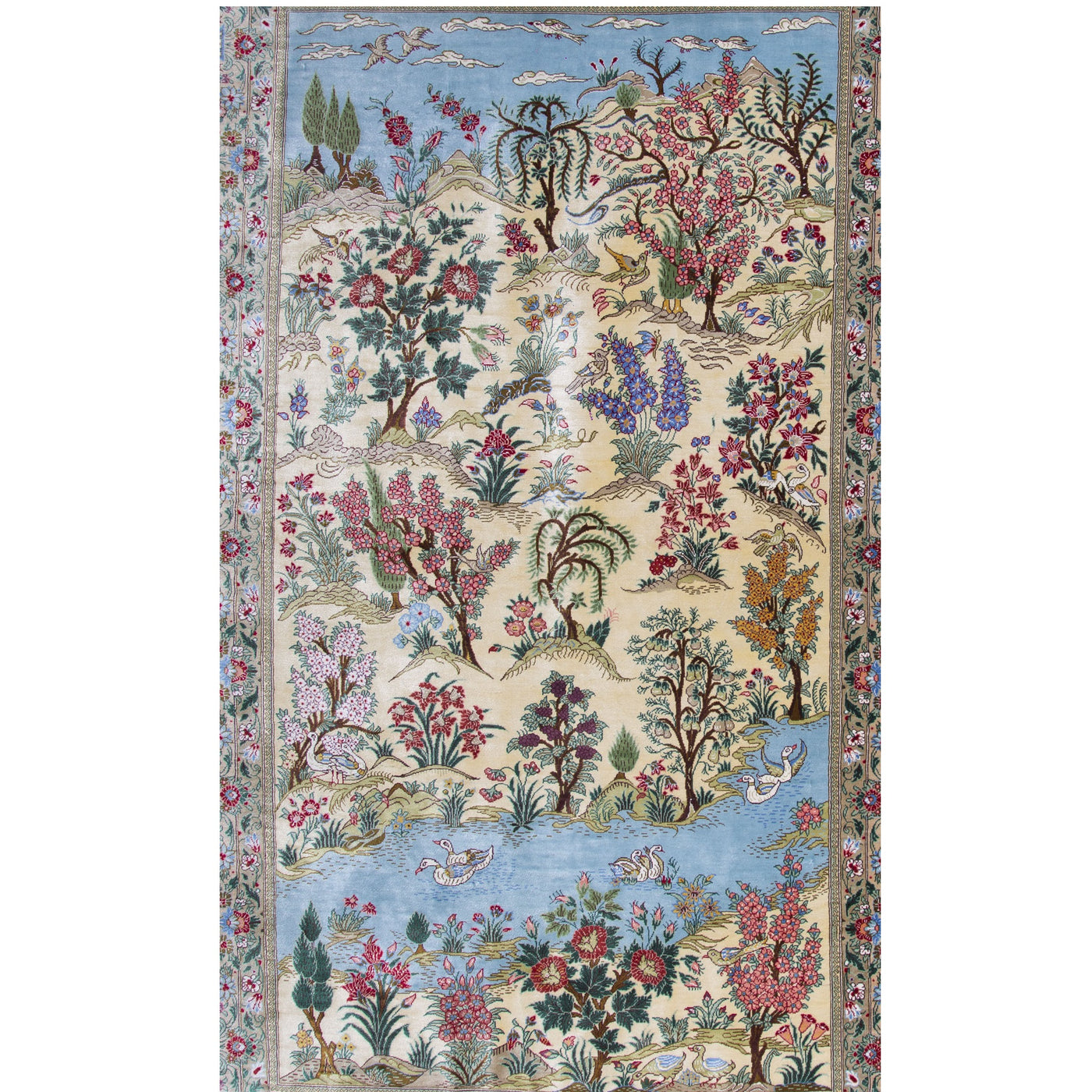 NEW鳥が戯れる吉祥紋のクム産シルク絨毯。シャフェイ工房による作品。サイズ違いあり。サイズ：78 x 119cm